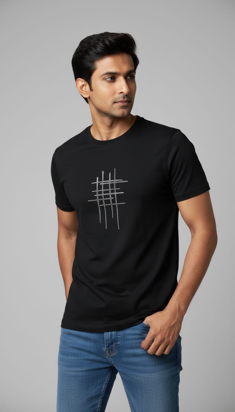 Men's Regular Fit Cotton Round Neck T-Shirt | Black Casual Graphic Printed Tee – Fine Line Abstract Crosshatch Design