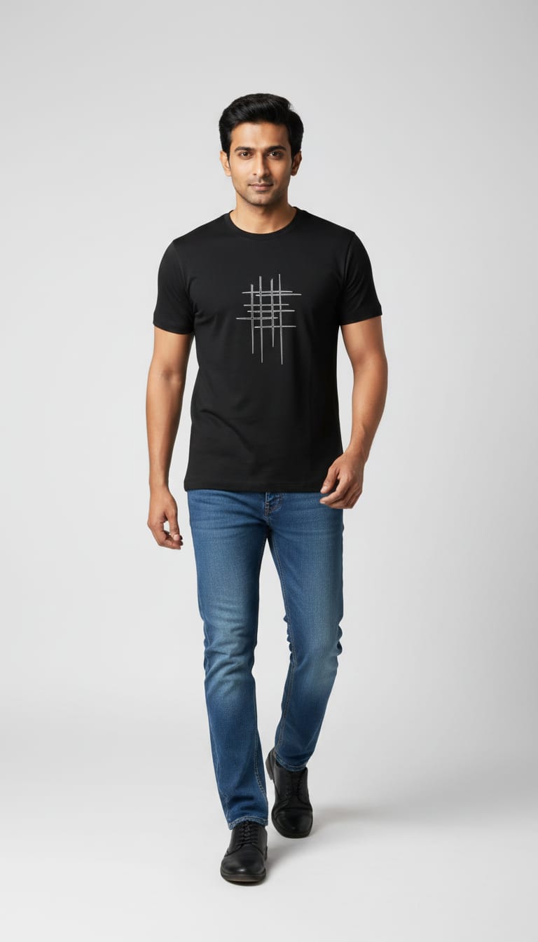 Men's Regular Fit Cotton Round Neck T-Shirt | Black Casual Graphic Printed Tee – Fine Line Abstract Crosshatch Design