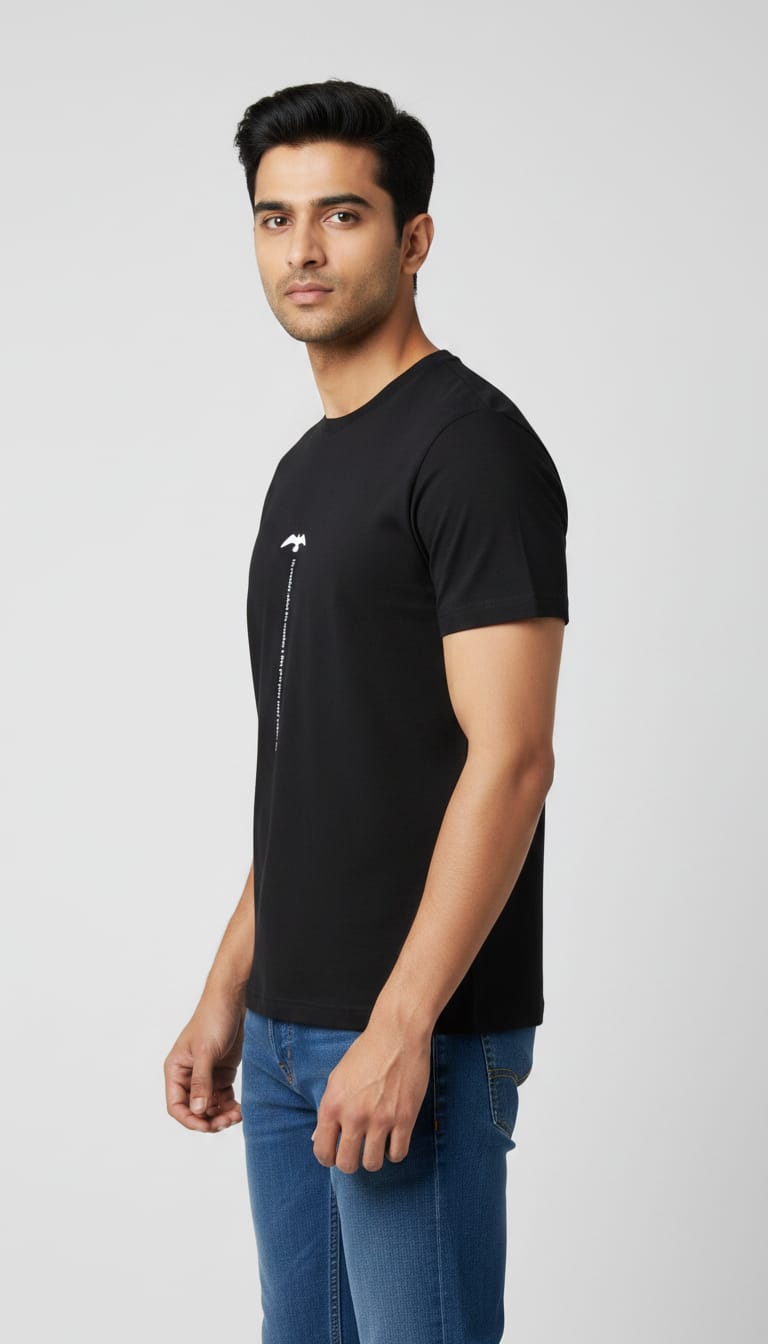 Men's Regular Fit Cotton Round Neck T-Shirt | Black Casual Graphic Printed Tee – Vertical Typography and Bird Design