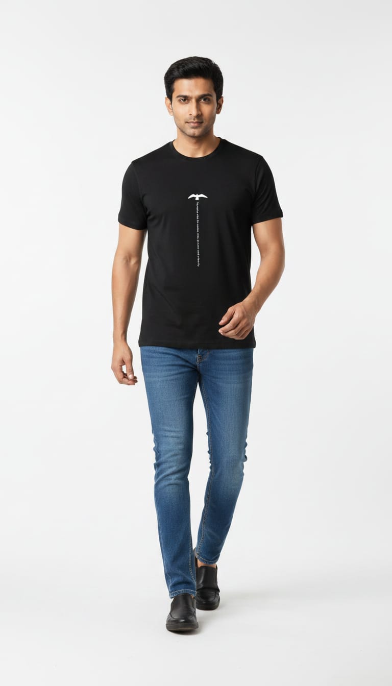 Men's Regular Fit Cotton Round Neck T-Shirt | Black Casual Graphic Printed Tee – Vertical Typography and Bird Design