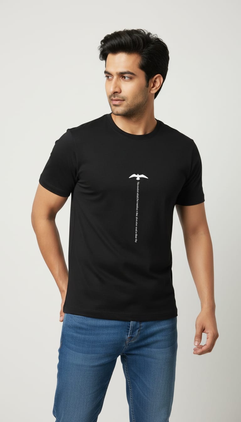 Men's Regular Fit Cotton Round Neck T-Shirt | Black Casual Graphic Printed Tee – Vertical Typography and Bird Design