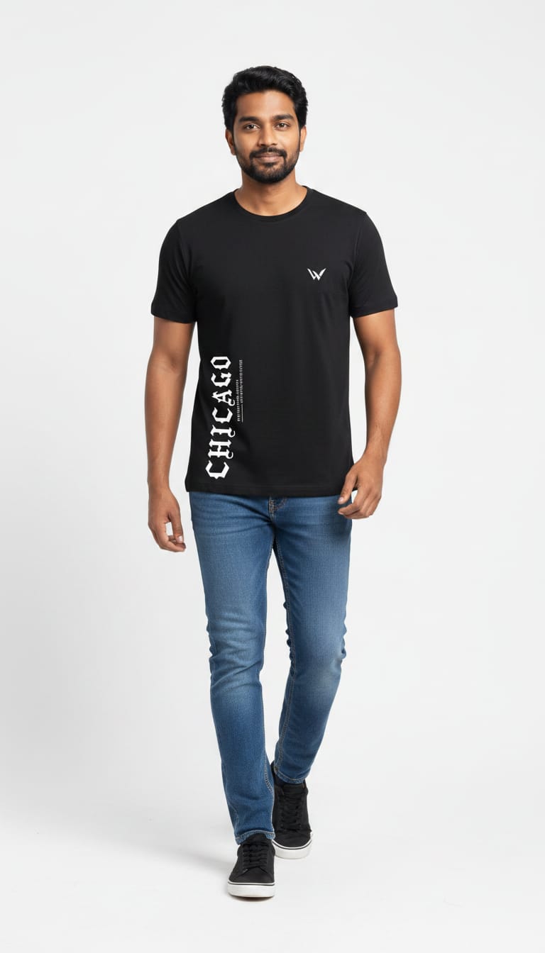 Men's Regular Fit Cotton Round Neck T-Shirt | Black Casual Graphic Printed Tee – Chicago Side Typography Design