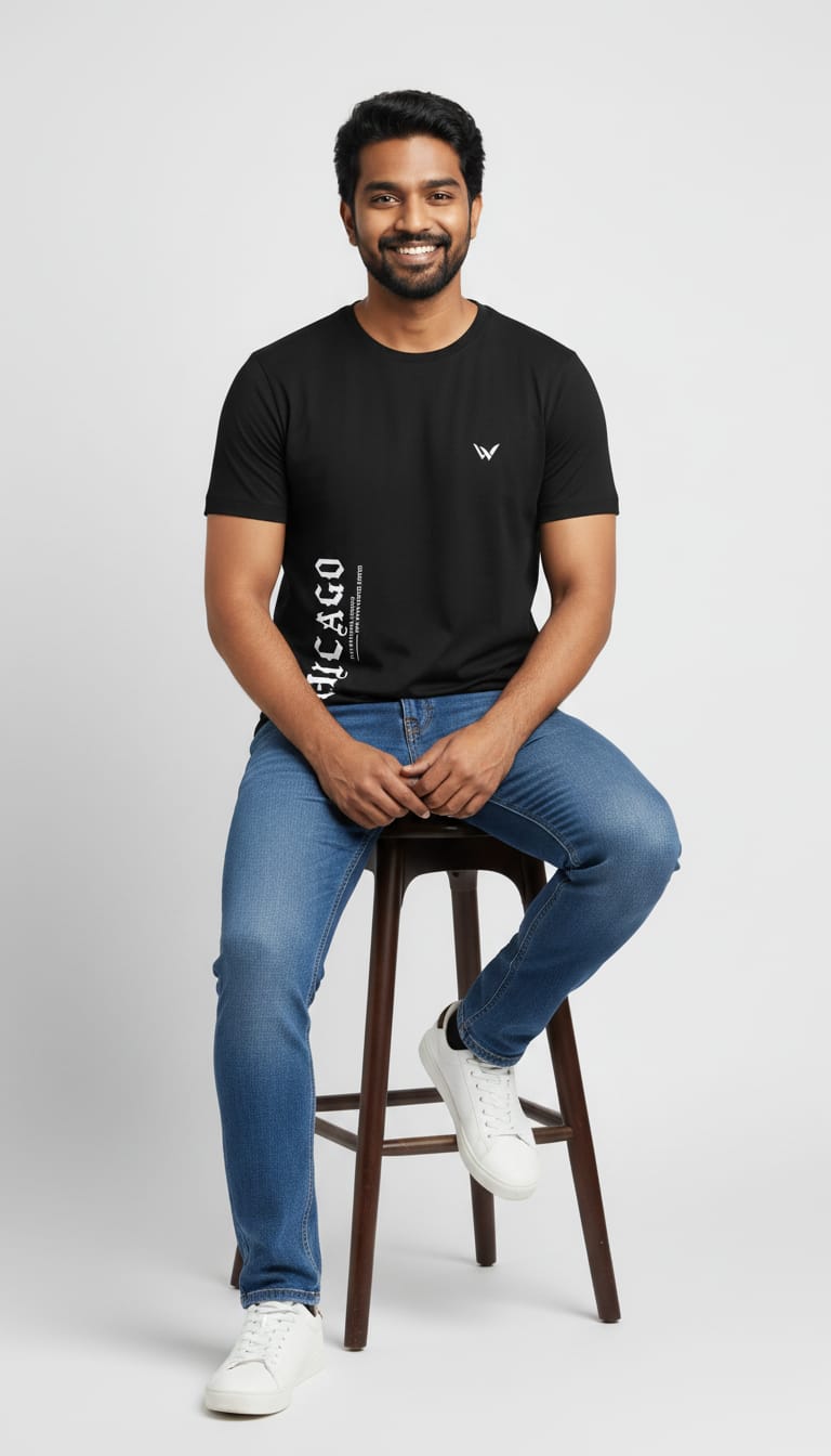 Men's Regular Fit Cotton Round Neck T-Shirt | Black Casual Graphic Printed Tee – Chicago Side Typography Design