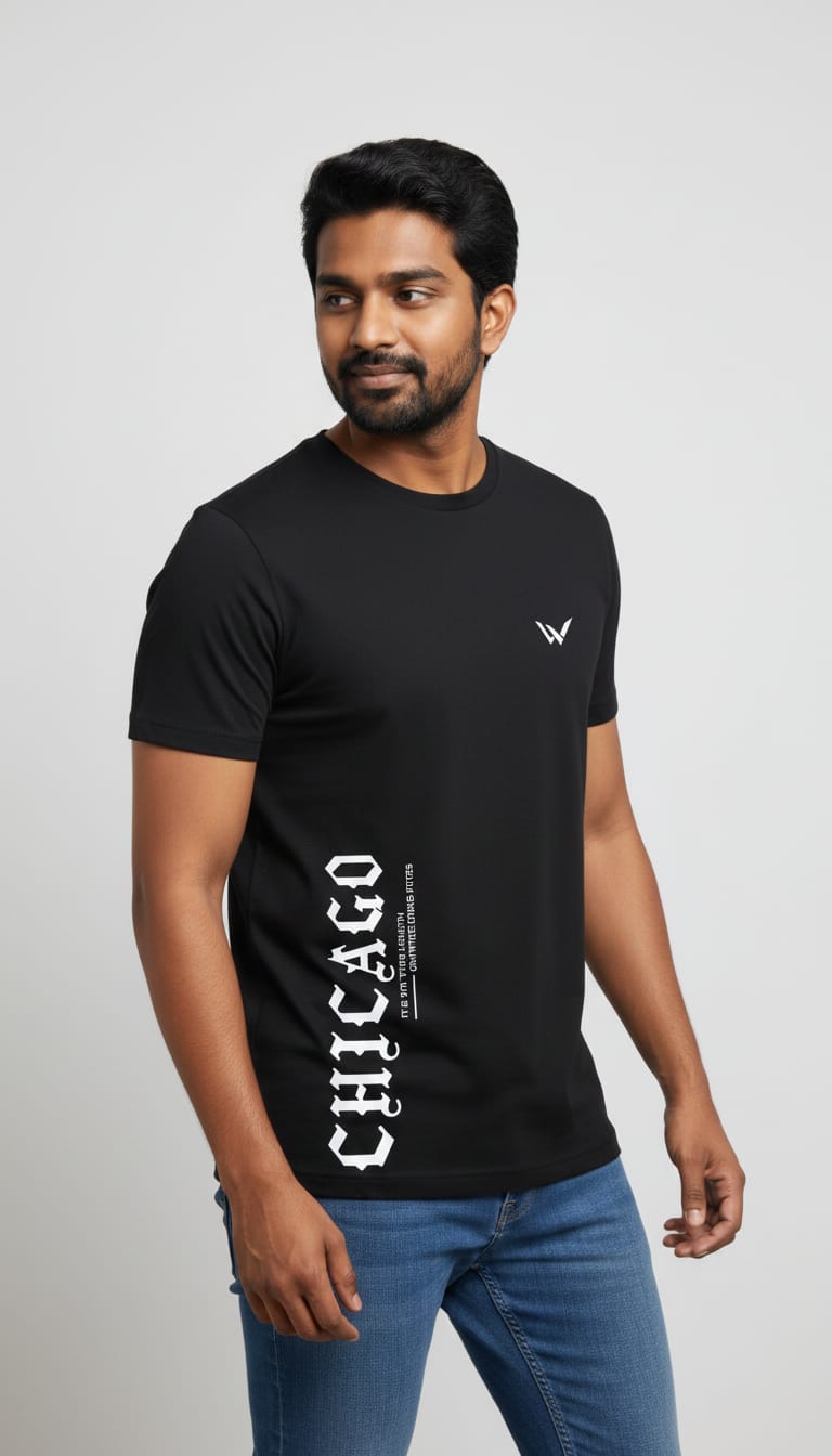 Men's Regular Fit Cotton Round Neck T-Shirt | Black Casual Graphic Printed Tee – Chicago Side Typography Design