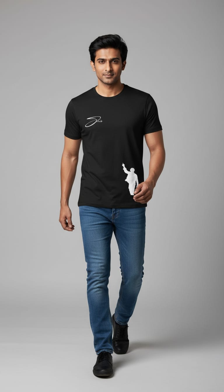 Men's Black Short Sleeve T-Shirt with Front "Sher" Script Graphic and "SINGH" Lion Back Print