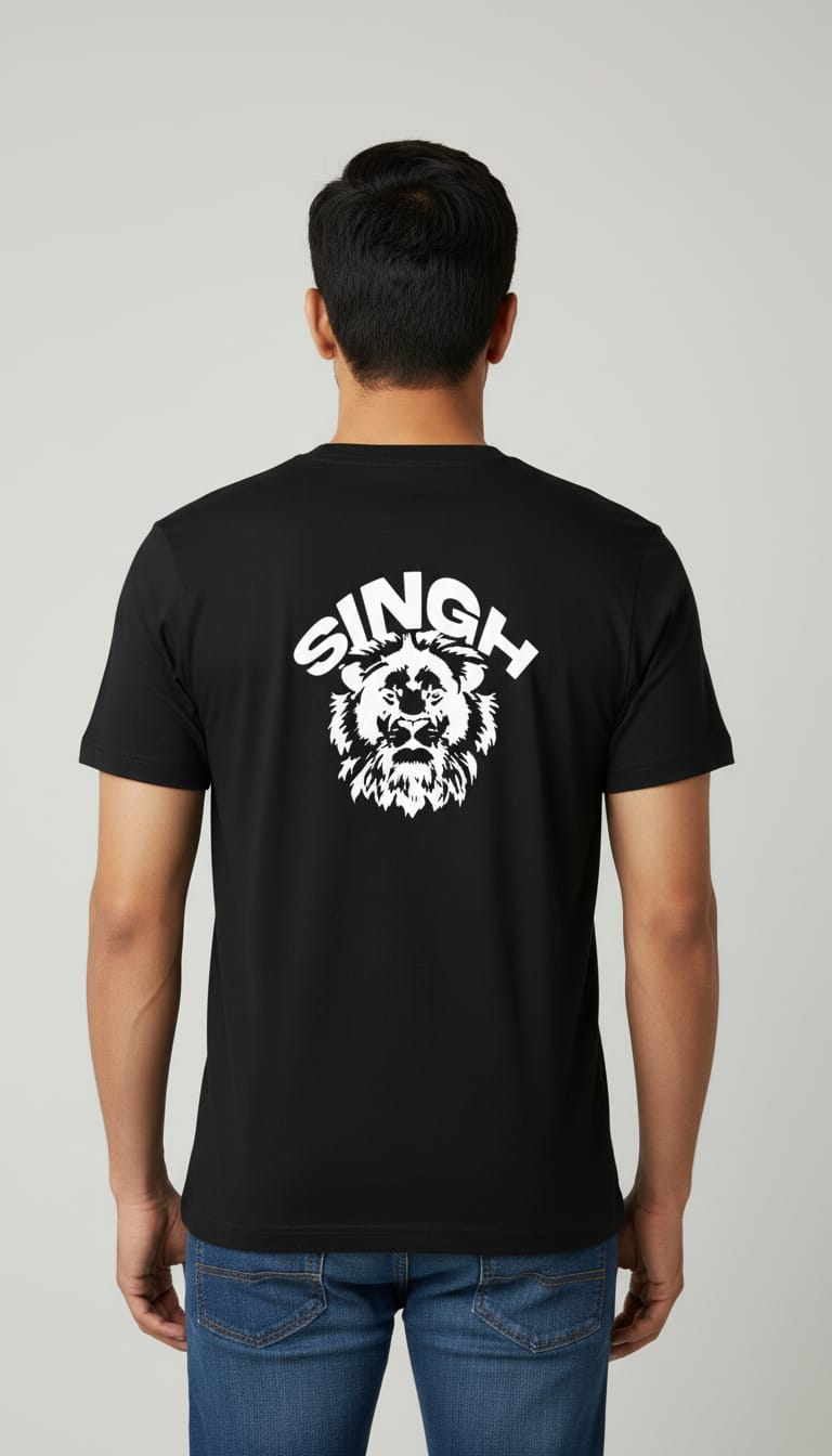 Men's Black Short Sleeve T-Shirt with Front "Sher" Script Graphic and "SINGH" Lion Back Print