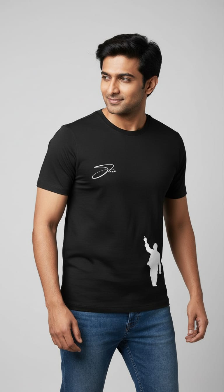 Men's Black Short Sleeve T-Shirt with Front "Sher" Script Graphic and "SINGH" Lion Back Print