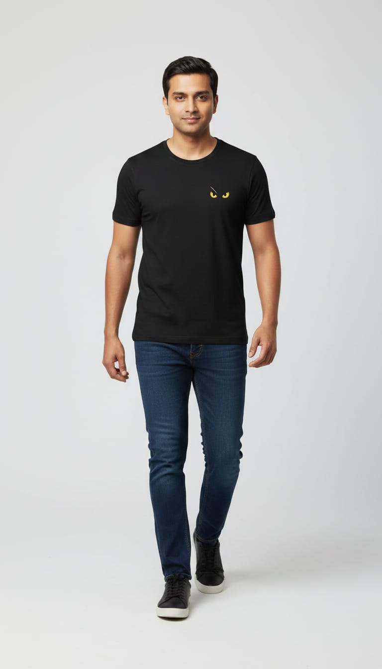Men's Black Short Sleeve T-Shirt with Front Yellow Eyes Mini Graphic and "DARK" Back Print