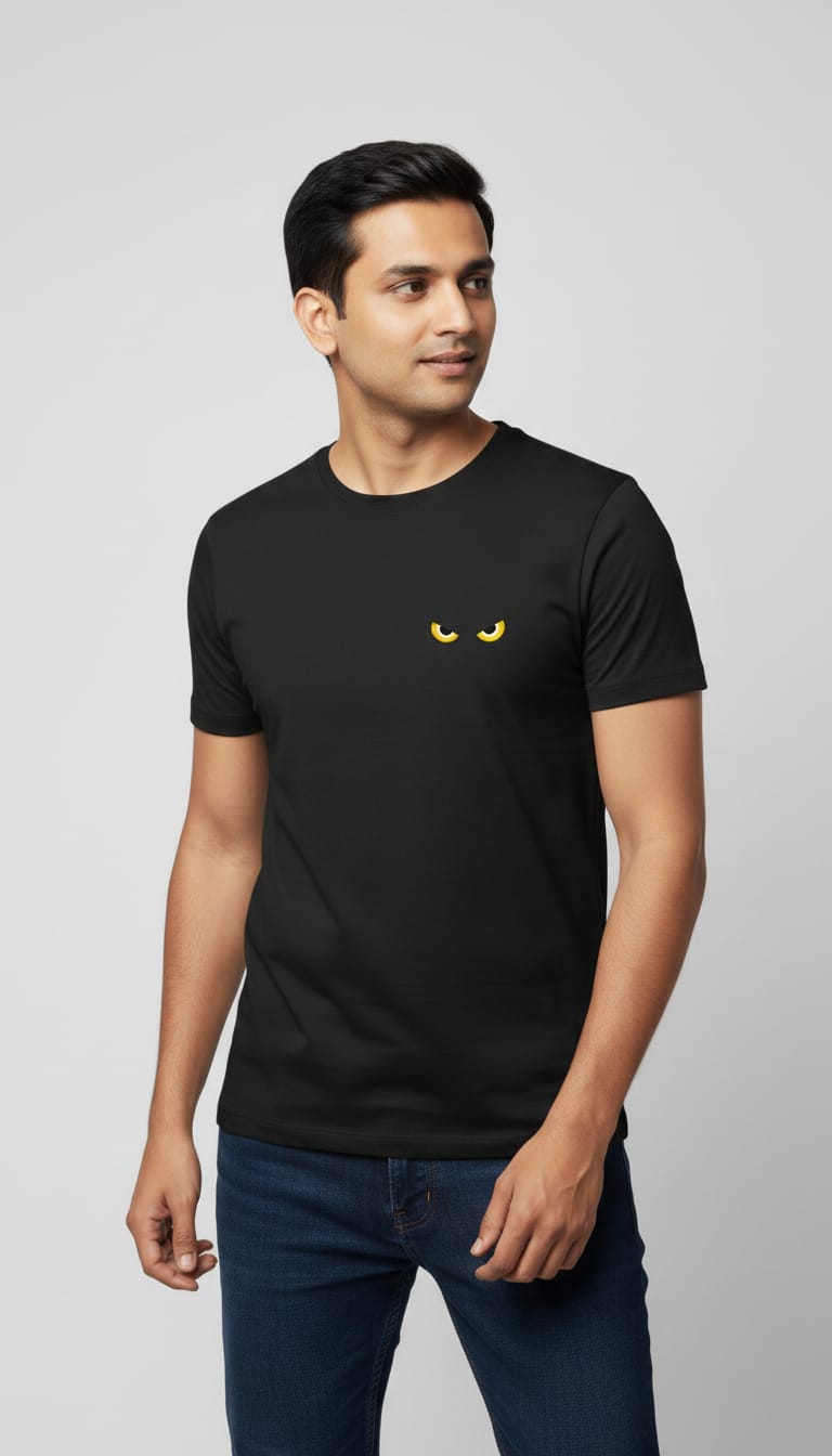 Men's Black Short Sleeve T-Shirt with Front Yellow Eyes Mini Graphic and "DARK" Back Print
