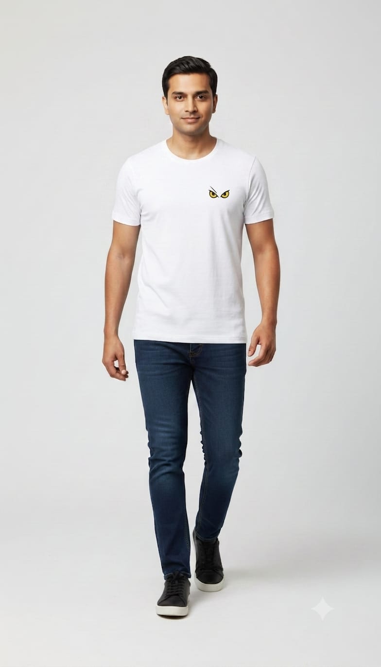 Men's White Short Sleeve T-Shirt with Front Yellow Eyes Mini Graphic and "DARK" Back Print
