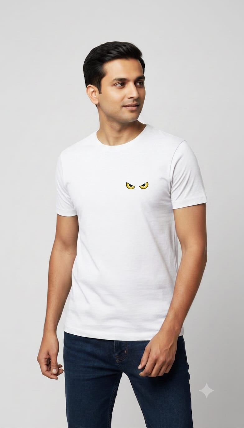 Men's White Short Sleeve T-Shirt with Front Yellow Eyes Mini Graphic and "DARK" Back Print