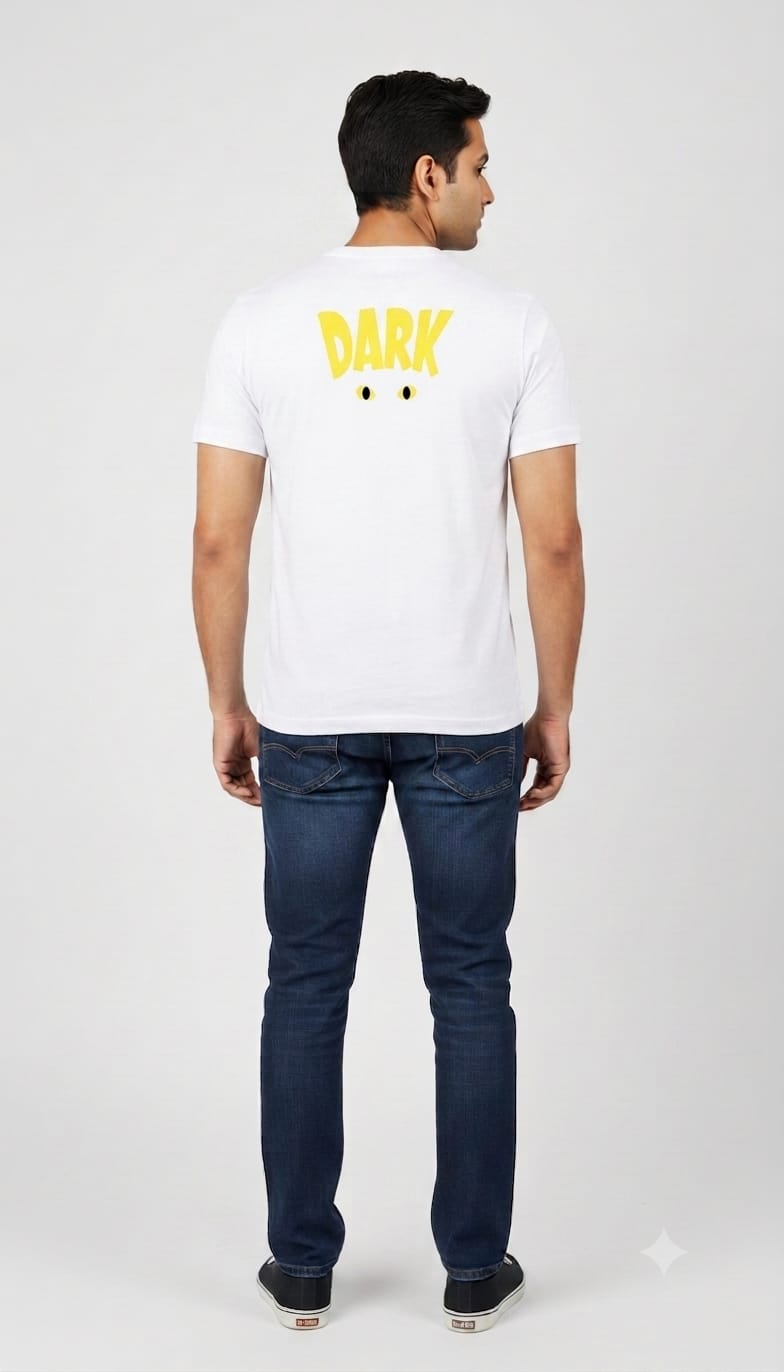 Men's White Short Sleeve T-Shirt with Front Yellow Eyes Mini Graphic and "DARK" Back Print