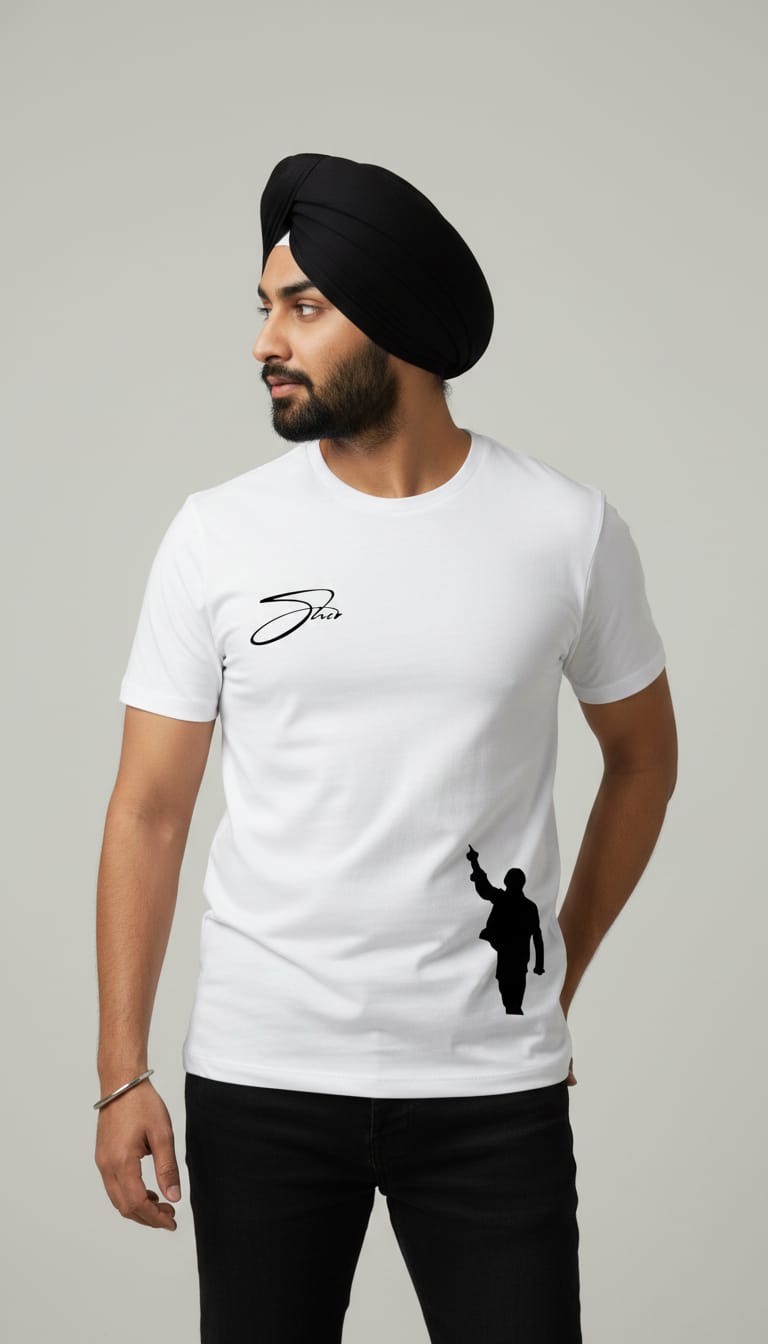 Men's White Short Sleeve T-Shirt with Front "Sher" Script Graphic and "SINGH" Lion Back Print