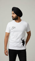 Men's White Short Sleeve T-Shirt with Front "Sher" Script Graphic and "SINGH" Lion Back Print