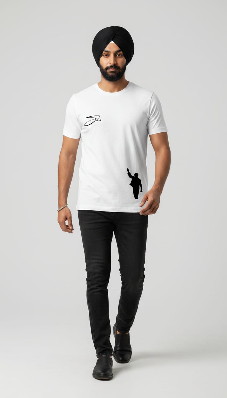 Men's White Short Sleeve T-Shirt with Front "Sher" Script Graphic and "SINGH" Lion Back Print