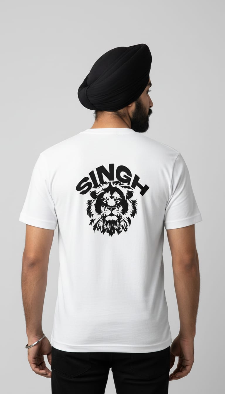 Men's White Short Sleeve T-Shirt with Front "Sher" Script Graphic and "SINGH" Lion Back Print