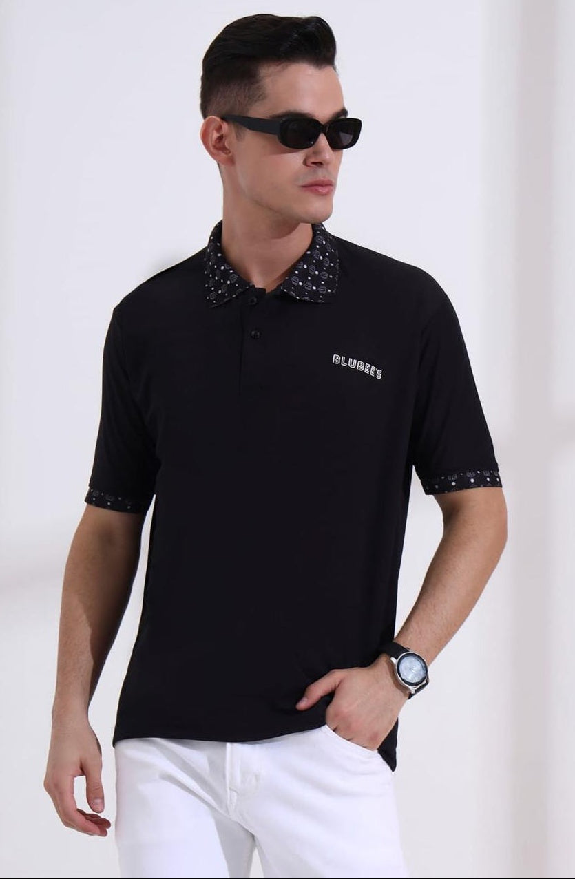 Men’s Premium Black Polo T-Shirt – Short Sleeve Slim Fit Polo with Patterned Collar & Cuffs