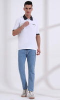 Men’s Premium White Polo T-Shirt – Short Sleeve Slim Fit Polo with Patterned Collar & Cuffs