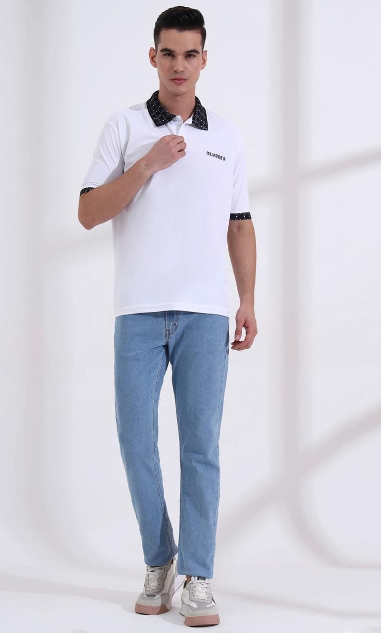 Men’s Premium White Polo T-Shirt – Short Sleeve Slim Fit Polo with Patterned Collar & Cuffs