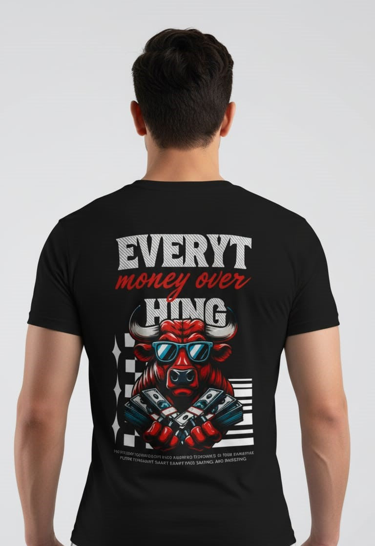 "Money Over Everything" Wall Street Bull Graphic Tee – Premium Black T-Shirt